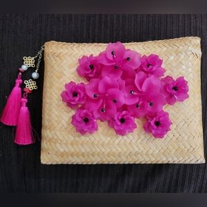 Pink Floral Woven Clutch